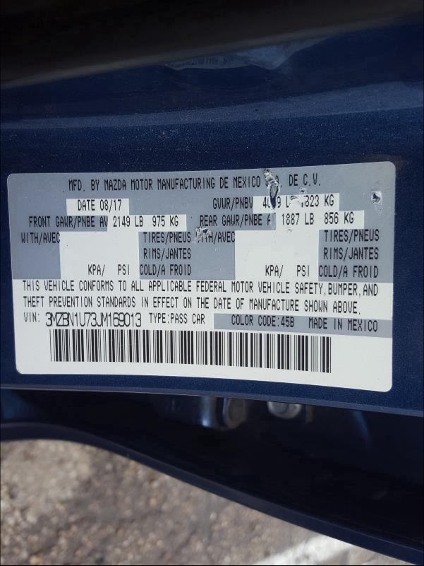 2018 Mazda 3 Sport მანქანა იყიდება აუქციონზე, vin: 3MZBN1U73JM169013, აუქციონის ნომერი: 42178121