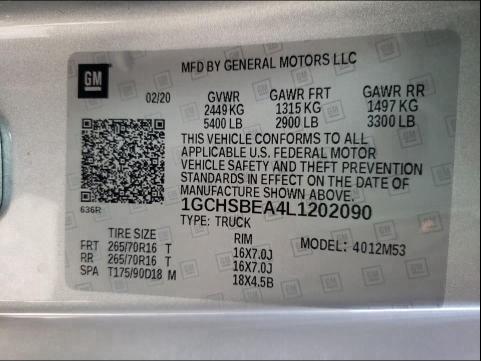 Aukcja sprzedaży 2020 Chevrolet Colorado, vin: 1GCHSBEA4L1202090, numer aukcji: 45142921