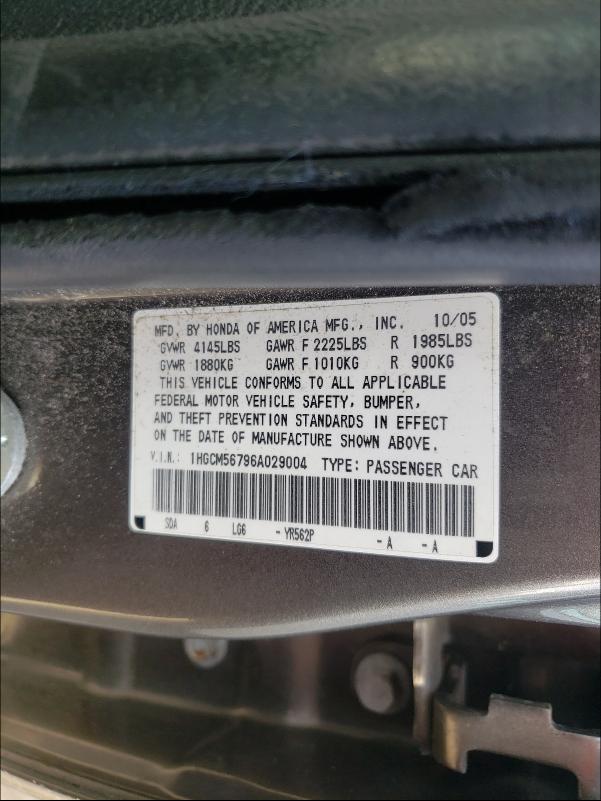 Aukcja sprzedaży 2006 Honda Accord Ex, vin: 1HGCM56796A029004, numer aukcji: 45162081