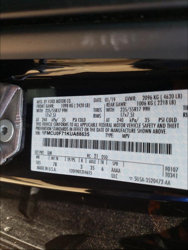 Продаж на аукціоні авто 2019 Ford Escape, vin: 1FMCU0F71KUA88635, номер лоту: 50263331