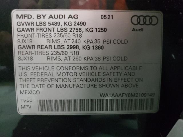 2021 Audi Q5 Premium მანქანა იყიდება აუქციონზე, vin: WA1AAAFY6M2109149, აუქციონის ნომერი: 67852811