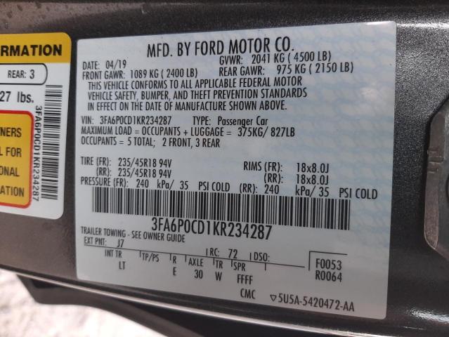 35373032 :رقم المزاد ، 3FA6P0CD1KR234287 vin ، 2019 Ford Fusion Sel مزاد بيع