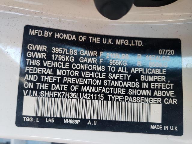 2020 Honda Civic მანქანა იყიდება აუქციონზე, vin: SHHFK7H35LU421115, აუქციონის ნომერი: 38974782