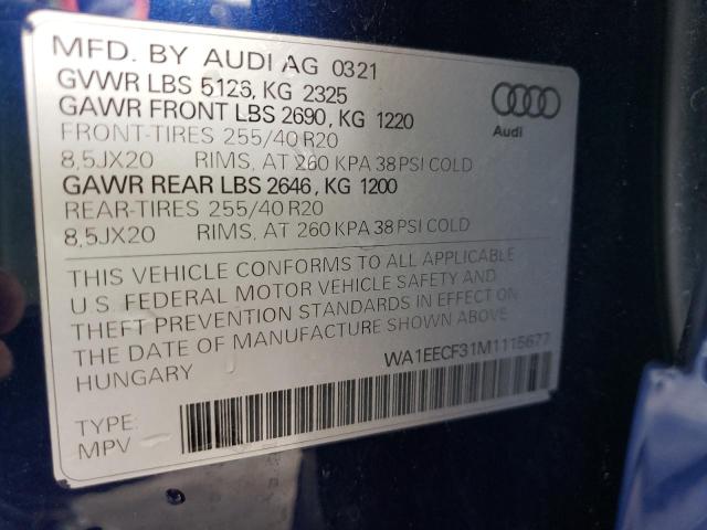 2021 Audi Q3 Premium მანქანა იყიდება აუქციონზე, vin: WA1EECF31M1115677, აუქციონის ნომერი: 39633772