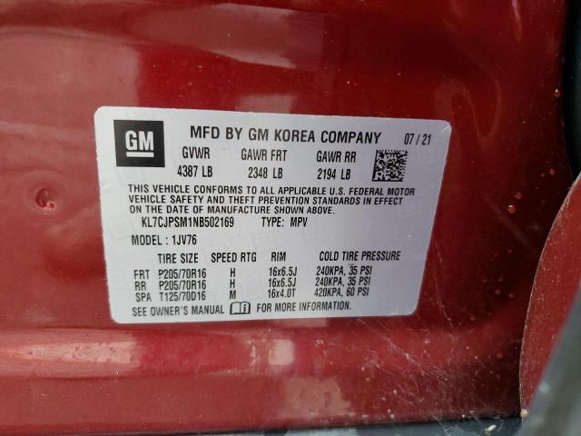 56480232 :رقم المزاد ، KL7CJPSM1NB502169 vin ، 2022 Chevrolet Trax 1lt مزاد بيع