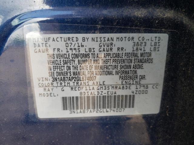 2016 Nissan Sentra S მანქანა იყიდება აუქციონზე, vin: 3N1AB7AP2GL674007, აუქციონის ნომერი: 58684682
