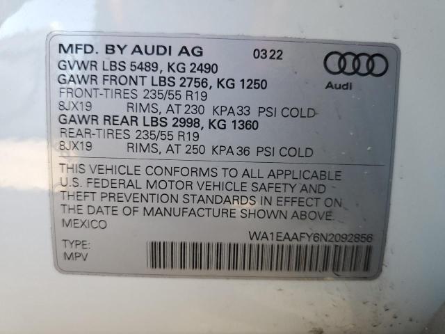 Aukcja sprzedaży 2022 Audi Q5 Premium, vin: WA1EAAFY6N2092856, numer aukcji: 59649032