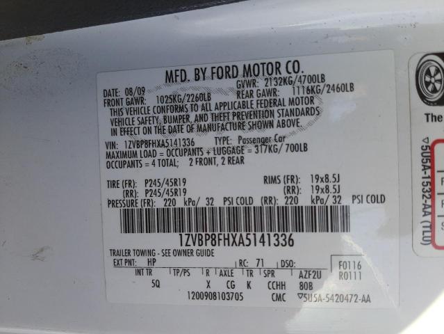 60758032 :رقم المزاد ، 1ZVBP8FHXA5141336 vin ، 2010 Ford Mustang Gt مزاد بيع