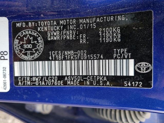 2015 Toyota Camry Le მანქანა იყიდება აუქციონზე, vin: 4T1BF1FK5FU915574, აუქციონის ნომერი: 61516612