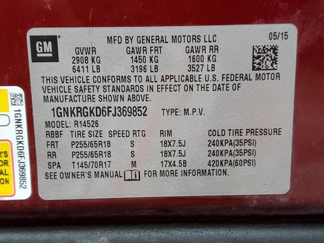 Auction sale of the 2015 Chevrolet Traverse Lt, vin: 1GNKRGKD6FJ369852, lot number: 64524282