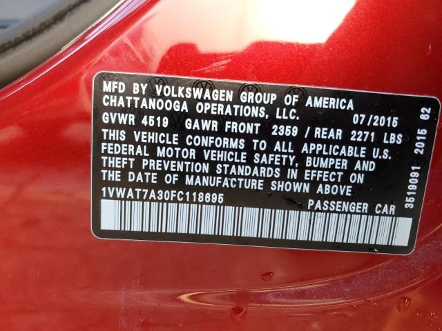 66830452 :رقم المزاد ، 1VWAT7A30FC118695 vin ، 2015 Volkswagen Passat S مزاد بيع