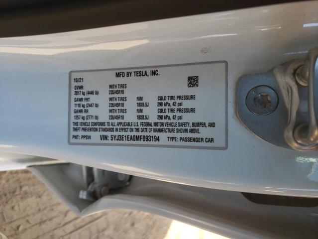 Продаж на аукціоні авто 2021 Tesla Model 3, vin: 5YJ3E1EA0MF093194, номер лоту: 68256462