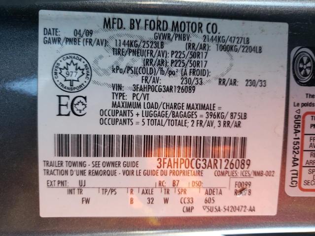 2010 Ford Fusion Sel მანქანა იყიდება აუქციონზე, vin: 3FAHP0CG3AR126089, აუქციონის ნომერი: 68526812