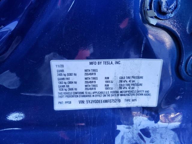 2021 Tesla Model Y მანქანა იყიდება აუქციონზე, vin: 5YJYGDEE4MF075219, აუქციონის ნომერი: 69415212