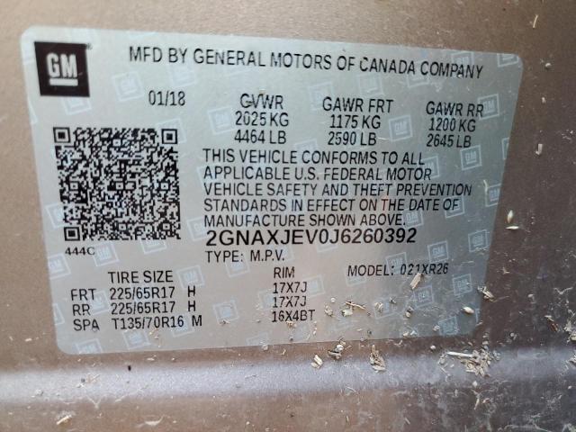 Aukcja sprzedaży 2018 Chevrolet Equinox Lt, vin: 2GNAXJEV0J6260392, numer aukcji: 72087652