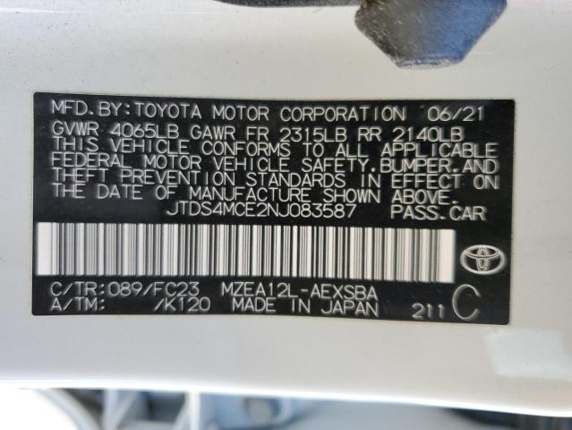 2022 Toyota Corolla Se მანქანა იყიდება აუქციონზე, vin: JTDS4MCE2NJ083587, აუქციონის ნომერი: 70480192