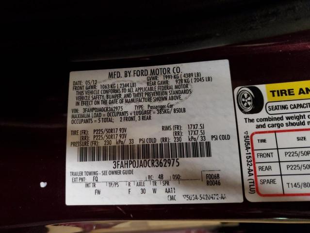 Aukcja sprzedaży 2012 Ford Fusion Sel, vin: 3FAHP0JA0CR362975, numer aukcji: 72408792