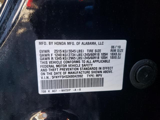 Aukcja sprzedaży 2019 Honda Pilot Exl, vin: 5FNYF5H53KB042892, numer aukcji: 37232653