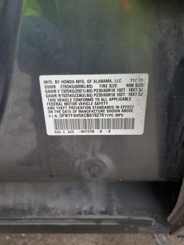 38103353 :رقم المزاد ، 5FNYF4H5XCB019279 vin ، 2012 Honda Pilot Exl مزاد بيع