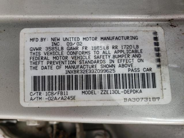 Aukcja sprzedaży 2003 Toyota Corolla Ce, vin: 1NXBR32E33Z099625, numer aukcji: 38619233