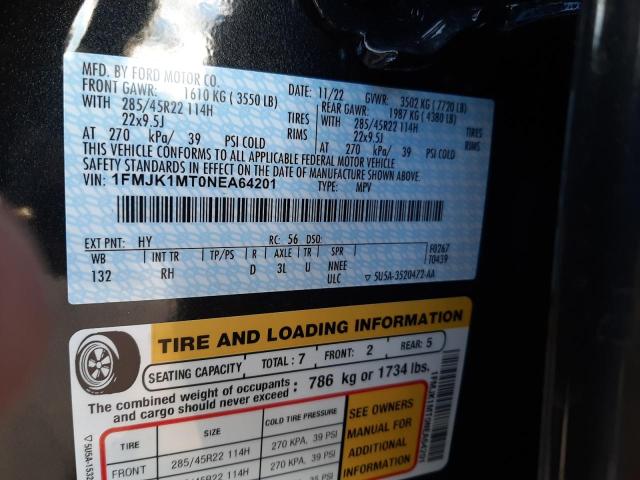 2022 Ford Expedition Max Platinum მანქანა იყიდება აუქციონზე, vin: 1FMJK1MT0NEA64201, აუქციონის ნომერი: 38815613