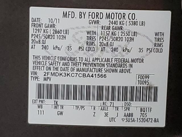 38005773 :رقم المزاد ، 2FMDK3KC7CBA41566 vin ، 2012 Ford Edge Limited مزاد بيع