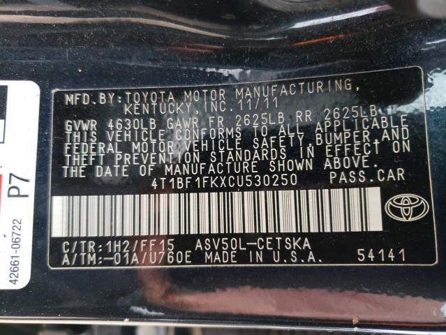 39723023 :رقم المزاد ، 4T1BF1FKXCU530250 vin ، 2012 Toyota Camry Base مزاد بيع