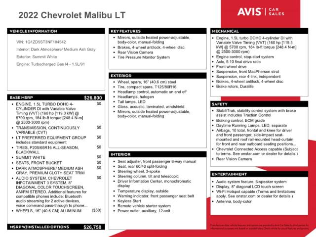 40269343 :رقم المزاد ، 1G1ZD5ST3NF184542 vin ، 2022 Chevrolet Malibu Lt مزاد بيع