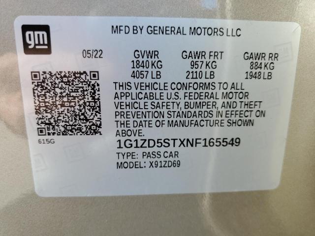 Aukcja sprzedaży 2022 Chevrolet Malibu Lt, vin: 1G1ZD5STXNF165549, numer aukcji: 40007983
