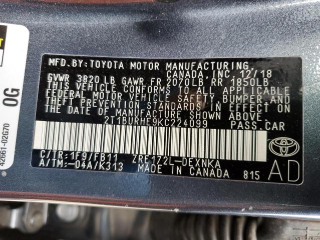 2019 Toyota Corolla L მანქანა იყიდება აუქციონზე, vin: 2T1BURHE9KC224099, აუქციონის ნომერი: 42740493