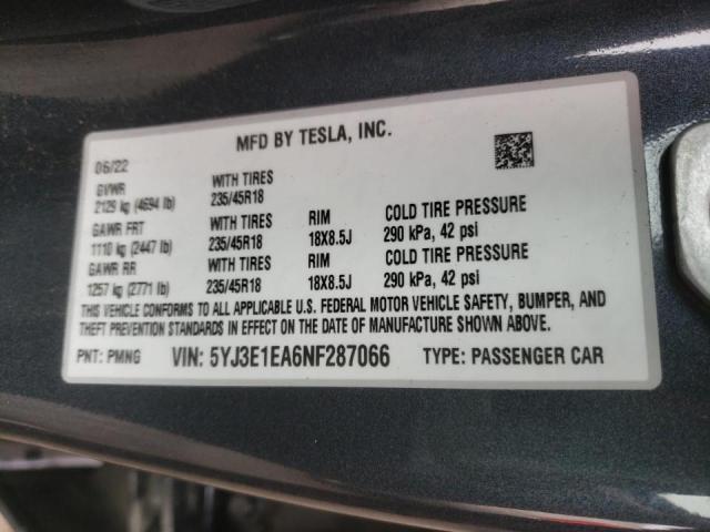 Продаж на аукціоні авто 2022 Tesla Model 3, vin: 5YJ3E1EA6NF287066, номер лоту: 42870153
