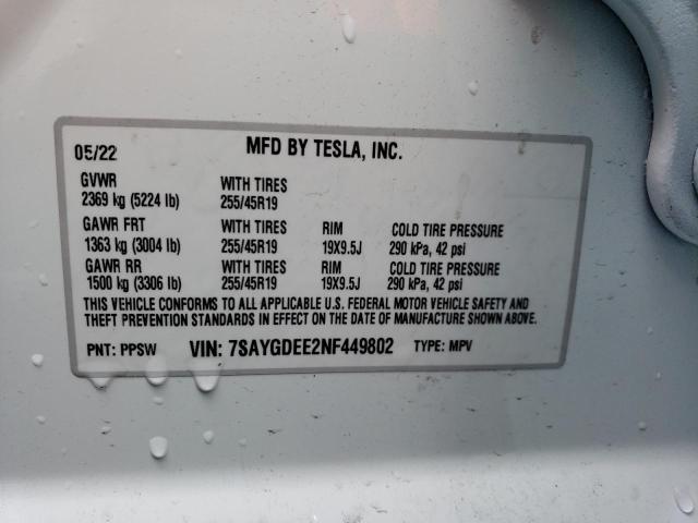 42853733 :رقم المزاد ، 7SAYGDEE2NF449802 vin ، 2022 Tesla Model Y مزاد بيع