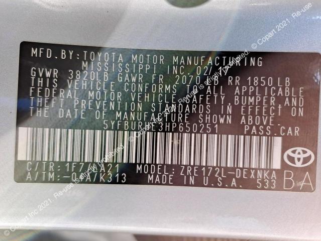 Продажа на аукционе авто 2017 Toyota Corolla, vin: 5YFBURHE3HP650251, номер лота: 43174473