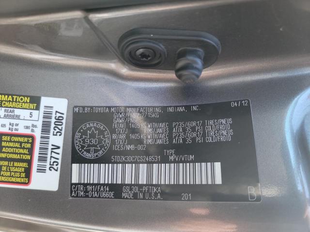 Aukcja sprzedaży 2012 Toyota Sienna, vin: 5TDZK3DC7CS248531, numer aukcji: 43607763
