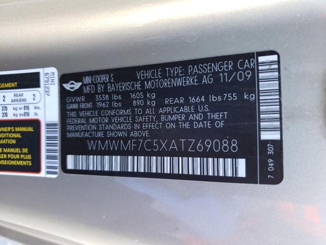 Продажа на аукционе авто 2010 Mini Cooper S, vin: WMWMF7C5XATZ69088, номер лота: 43499033