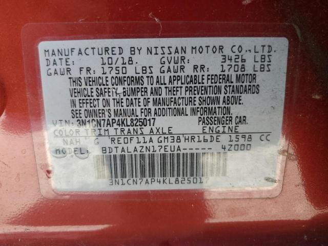 Aukcja sprzedaży 2019 Nissan Versa S, vin: 3N1CN7AP4KL825017, numer aukcji: 43545073