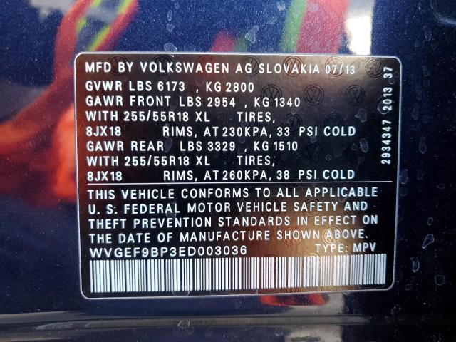 43581333 :رقم المزاد ، WVGEF9BP3ED003036 vin ، 2014 Volkswagen Touareg V6 مزاد بيع