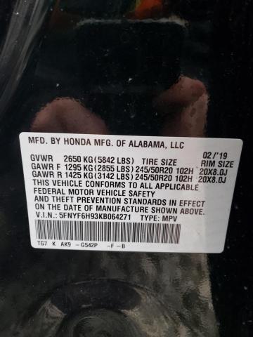 Aukcja sprzedaży 2019 Honda Pilot Touring, vin: 5FNYF6H93KB064271, numer aukcji: 43747433