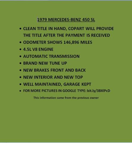 Продажа на аукционе авто 1979 Mercedes-benz 450 Sl, vin: 10704412052292, номер лота: 41909383