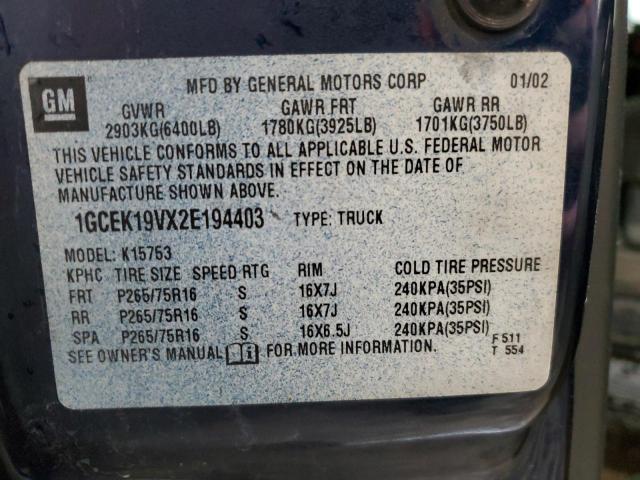 2002 Chevrolet Silverado K1500 მანქანა იყიდება აუქციონზე, vin: 1GCEK19VX2E194403, აუქციონის ნომერი: 43898883