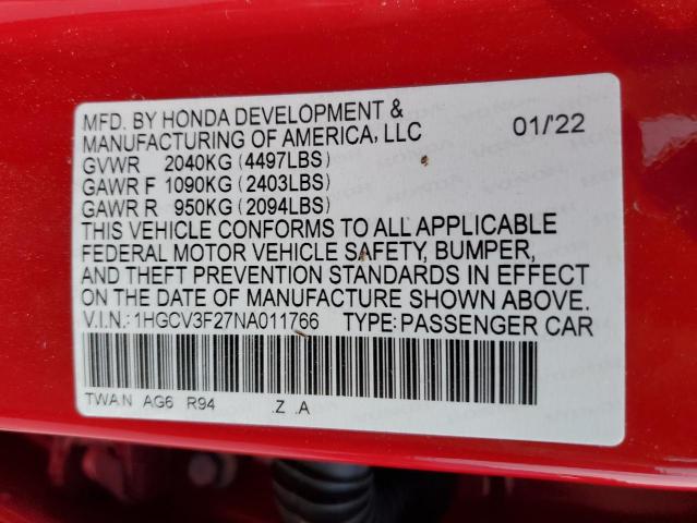 Продажа на аукционе авто 2022 Honda Accord Hybrid Sport, vin: 1HGCV3F27NA011766, номер лота: 44111873