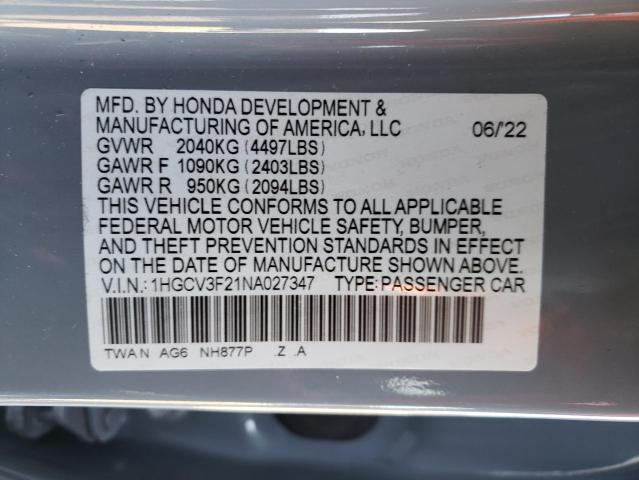 43691383 :رقم المزاد ، 1HGCV3F21NA027347 vin ، 2022 Honda Accord Hybrid Sport مزاد بيع
