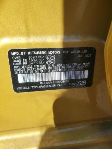 Aukcja sprzedaży 2022 Mitsubishi Mirage Es, vin: ML32AUHJ3NH009460, numer aukcji: 44704473