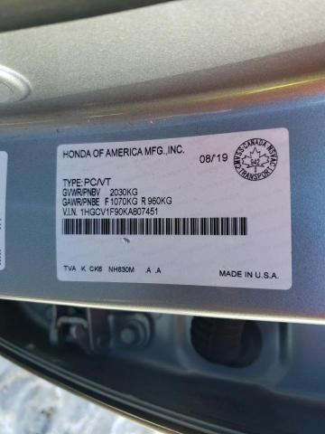 2019 Honda Accord Touring მანქანა იყიდება აუქციონზე, vin: 1HGCV1F90KA807451, აუქციონის ნომერი: 44392863