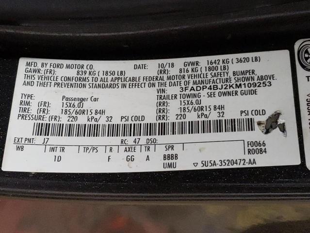 2019 Ford Fiesta Se მანქანა იყიდება აუქციონზე, vin: 3FADP4BJ2KM109253, აუქციონის ნომერი: 43768543
