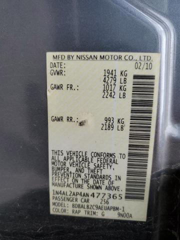 2010 Nissan Altima Base მანქანა იყიდება აუქციონზე, vin: 1N4AL2AP4AN477365, აუქციონის ნომერი: 44700463