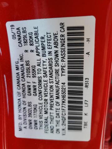Aukcja sprzedaży 2019 Honda Civic Exl, vin: 2HGFC1F77KH650214, numer aukcji: 44854863