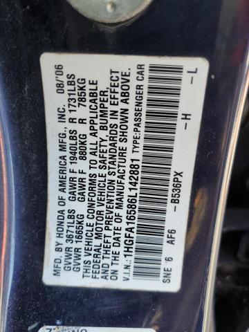 Aukcja sprzedaży 2006 Honda Civic Lx, vin: 1HGFA16586L142881, numer aukcji: 45216013