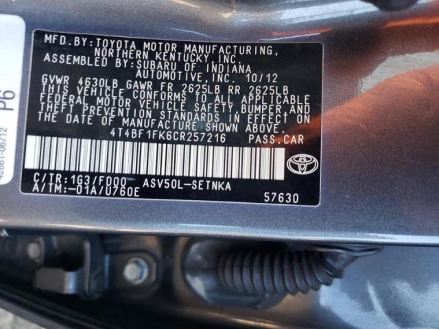 Продажа на аукционе авто 2012 Toyota Camry Base, vin: 4T4BF1FK6CR257216, номер лота: 45475573