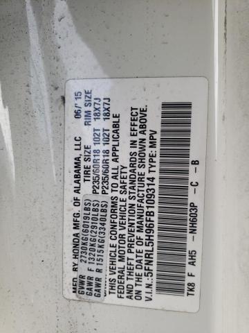 Aukcja sprzedaży 2015 Honda Odyssey Touring, vin: 5FNRL5H96FB109314, numer aukcji: 45018543